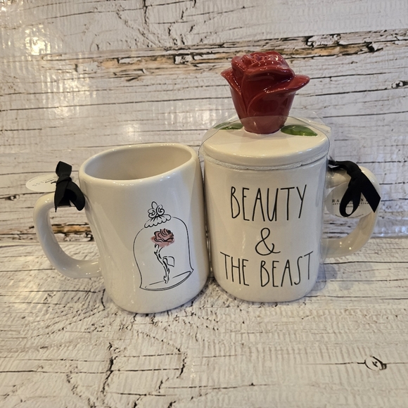 Rae Dunn Disney Princess Beauty and the Beast 2pc Mug Set (1 w/ topper) - Picture 2 of 2